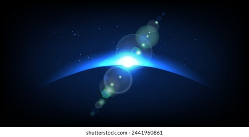 Abstract banner. Blue glow lights sun eclipse with flares on dark background.