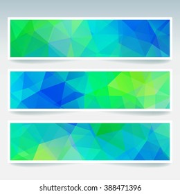 Abstract banner with business design templates.  Set of Banners with polygonal mosaic backgrounds. Geometric triangular vector illustration. Green, blue colors. 