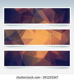 Abstract banner with business design templates.  Set of Banners with polygonal mosaic backgrounds. Geometric triangular vector illustration. Purple, beige, orange colors. 