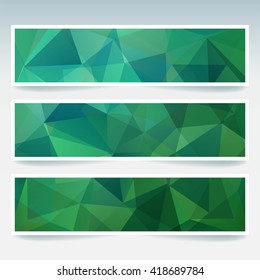 Abstract banner with business design templates.  Set of Banners with polygonal mosaic backgrounds. Geometric triangular vector illustration. Green, blue colors. 