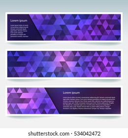 Abstract banner with business design templates.  Set of Banners with polygonal mosaic backgrounds. Geometric triangular vector illustration. Pink, blue, purple, violet colors. 