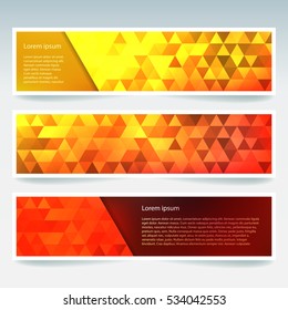 Abstract banner with business design templates.  Set of Banners with polygonal mosaic backgrounds. Geometric triangular vector illustration. Yellow, orange, red colors. 