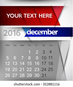 Abstract banner calendar for December 2016 month. stock vector template