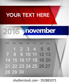 Abstract banner calendar for November 2016 month. stock vector template