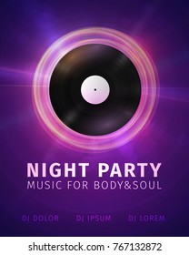 Abstract banner celebrating night party background. Retro vinyl disc on bright lights backdrop vector illustration .