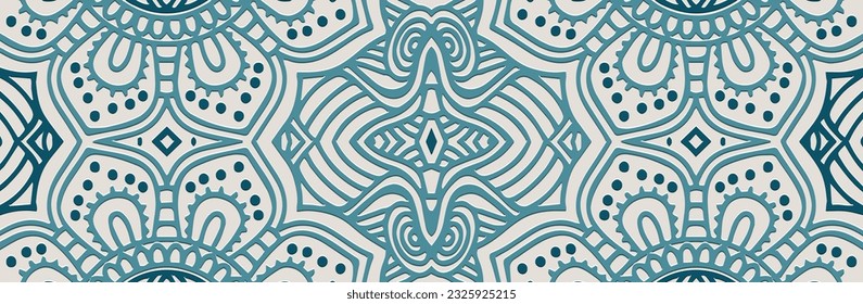 Abstract banner, cover design. Embossed blue 3D boho pattern, handmade. Geometric light background. Tribal color, creative heritage of the East, Asia, India, Mexico, Aztec, Peru.