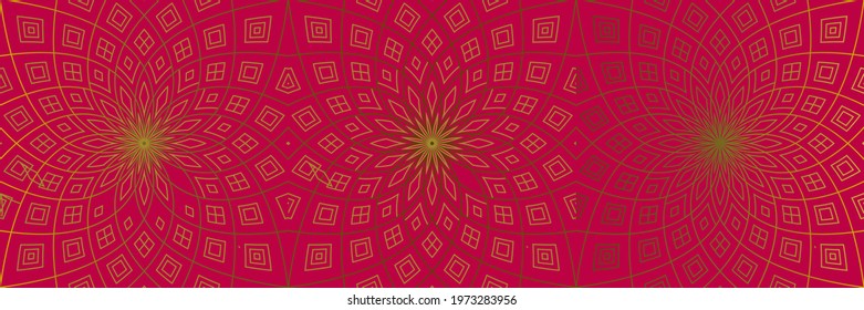 Abstract banner cover design. Patterns of overlapping spirals,  gold lines on red background. Vector layout for business background, banner, cover, brochure template