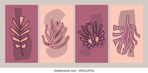 Abstract banner with a cover for web design. Modern abstract art. Digital marketing. A variety of tropical leaves. Vector illustration. Poster, layout, template in purple and pink colors.