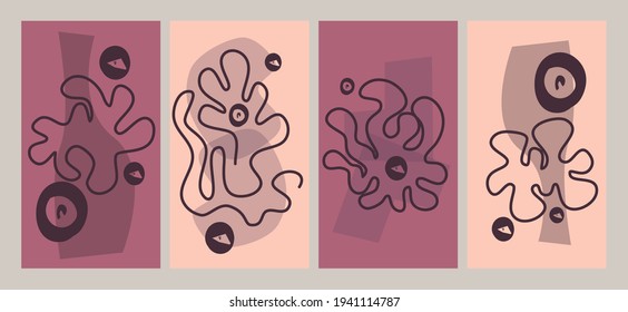 Pancarta abstracta con portada para diseño web. Arte abstracto moderno. Marketing digital. Una línea continua con puntos. Ilustración vectorial. Afiche, disposición, plantilla en tonos púrpura y rosa
