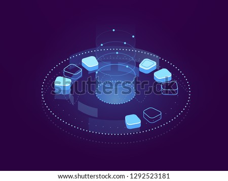 Abstract banner of Data visualization, big data processing, cloud storage and server hosting, internet cyberspace, futuristic holographic interface, database and cloud storage isometric flat vector