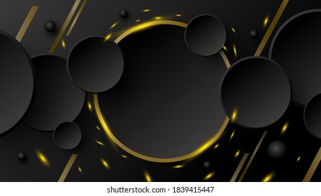 Abstract banner design of circle button and gold line with sparks on black background vector illustration