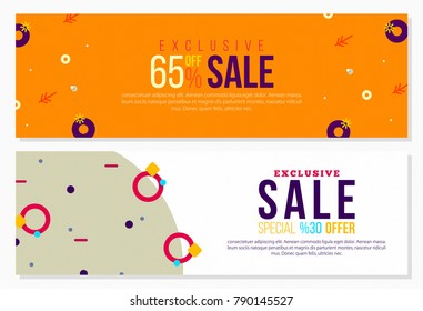 Abstract Banner Design with Colorful Memphis Elements and Sale tag ideal for Social Media, Invitation, Ad