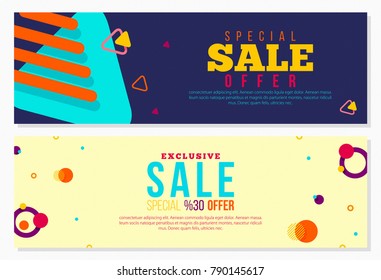 Abstract Banner Design with Colorful Memphis Elements and Sale tag ideal for Social Media, Poster, Promotion