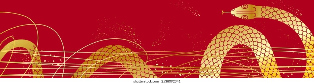 design de banner abstrato com uma cobra dourada sobre um fundo vermelho, linhas finas e textura. cartaz horizontal com o símbolo de 2025. ilustração de vetor de estoque. EPS 10.