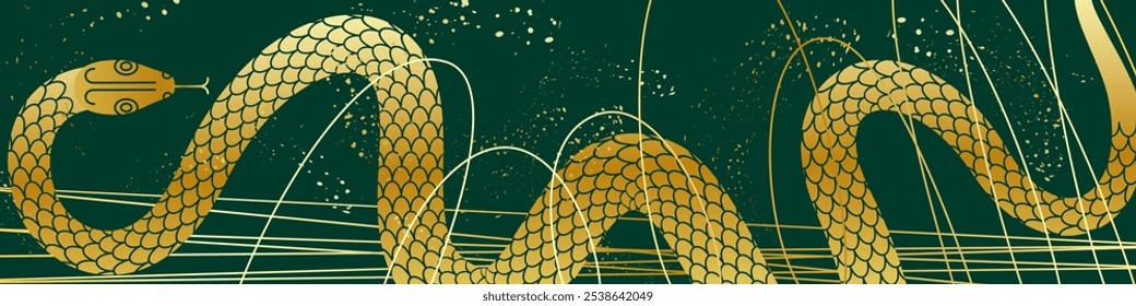 abstract banner design with a golden snake on a green background, fine lines and texture. horizontal poster with the symbol of 2025. stock vector illustration. EPS 10.