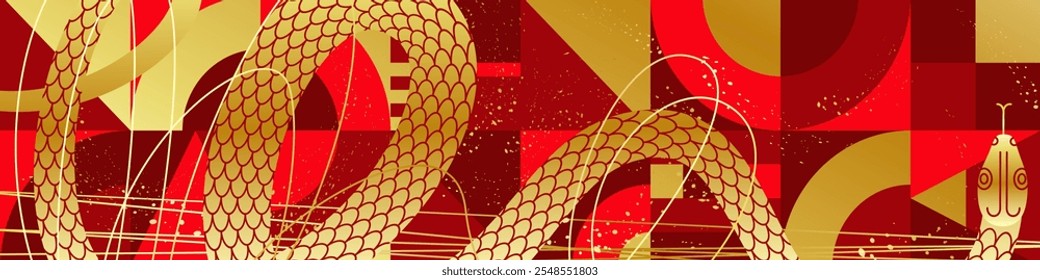 desenho de banner abstrato com uma cobra dourada sobre um fundo geométrico vermelho e dourado. um poster horizontal com o símbolo de 2025. ilustração de vetor de estoque. EPS 10.