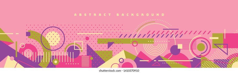 Abstract banner design in retro style made of various geometric shapes in colors. Vector illustration.