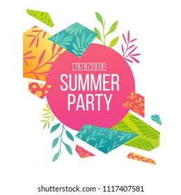 Abstract banner design for summer psrty. Geometrical triangular hexagons with pattern of leaves, twig, herbs and flowers for  decoration of summer offer advertising. Template modern poster. Vector.