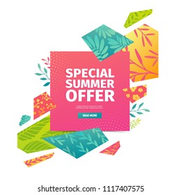 Abstract banner design for summer sale. Geometrical triangular hexagons with pattern of leaves, twig, herbs and flowers for  decoration of summer offer advertising. Template modern poster. Vector.