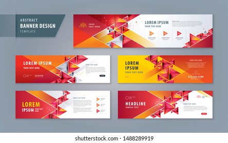 Abstract banner design web template Set, Horizontal header web banner. Modern Geometric Red Triangle cover header background for website design, Social Media Cover ads banner, flyer, invitation card