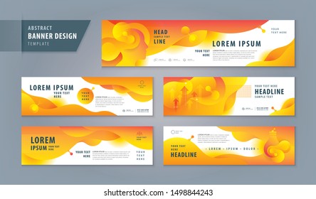 Abstract banner design web template Set, Horizontal header web banner. Modern cover header for website design, Abstract Yellow Liquid Shape Fluid Design, Dynamic Plastic Liquid Gradient Waves.