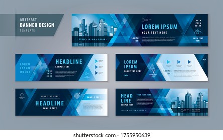 Abstract Banner Design Web Template Set, Horizontal Header Web Banner. Modern Blue Geometric Triangle Cover Header Background For Website Design, Social Media Cover Ads Banner, Flyer, Presentations.