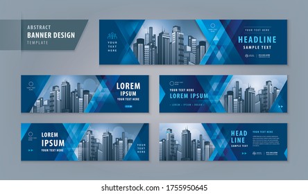 Abstract banner design web template Set, Horizontal header web banner. Modern Blue Geometric Triangle cover header background for website design, Social Media Cover ads banner, flyer, presentations.