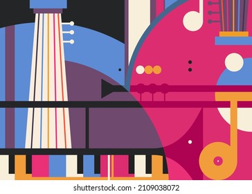 Abstract banner with different music instruments. Creative placard design in flat style.