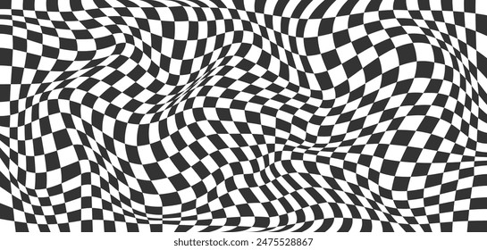 Abstract banner with distortion. Checkered background with distortion effect. Black and white background, distorted checkered pattern. Chessboard surface. Vector illustration.