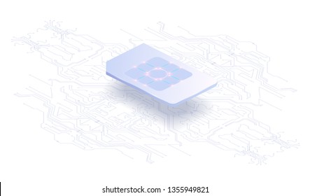 Abstract banner Embedded SIM concept. New mobile communication technology and processor background circuit board Global communication network concept. vector illustration