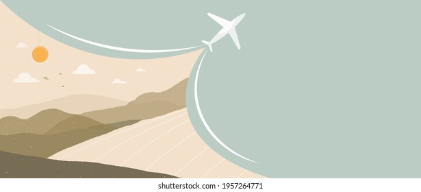 Abstract banner with an empty space for a travel agency and websites for selling airline tickets in the style of boho. Horizontal banner. Earthy tones, pastel tones