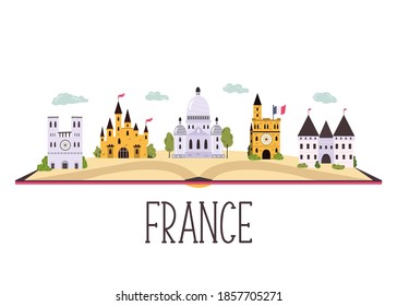 Abstract banner with famous buildings, landmarks of France. Notre Dame, Sacre Coeur, Loire river castle. Vector hand drawn banner