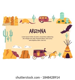 Abstract banner with famous symbols and landmarks of Arizona state. Vector hand drawn banner