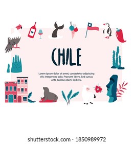 Abstract banner with famous symbols and landmarks of Chile, South America. Vector hand drawn banner