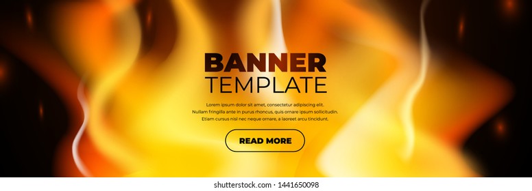 Abstract banner fire design template. Burning flame on black background concept. Vector illustration with light effect, sparks, text, button for design, decoration, web banner, shopping, discount