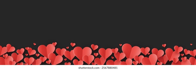 Abstract banner with floating paper cut hearts. Modern background for Valentine’s Day, Mother’s Day and Women’s Day. Vector illustration