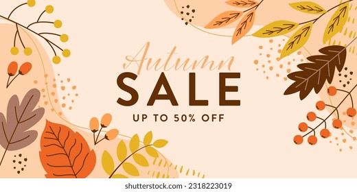 Abstract banner frame for autumn sale. Flat design of autumn leaves.