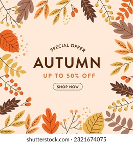 Abstract banner frame for autumn sale. Flat design of autumn leaves.