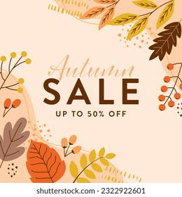 Abstract banner frame for autumn sale. Flat design of autumn leaves.