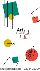 Pancarta abstracta con figuras geométricas. círculos multicolores y cuadrados con líneas. Espacio para texto. Plantilla y burla para el sitio web. Cubierta y fondo. Ilustración vectorial plana