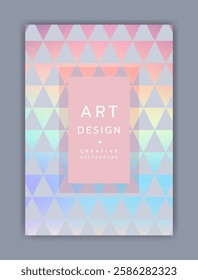 Abstract banner. Geometric pattern. Iridescent frame with foil glitter shapes. Brochure simple cover. Notebook trendy print. Holographic triangle. Gradient color texture. Vector creative design card