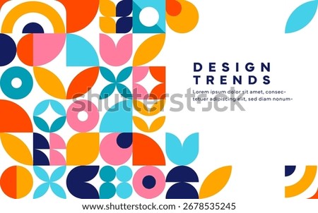 Abstract banner with geometric pattern and shapes in red, yellow, blue and pink colors arranged in layout. Vector modern background, retro cover with minimal figures. Trendy template for presentation