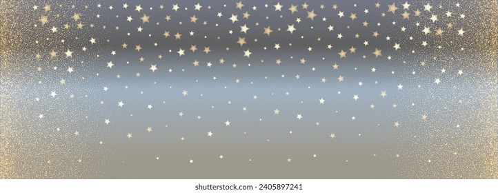 Abstract banner with glowing circles and sparkle stars on sky background. Vector template with blue, yellow, brown gold gradient. Elegant geometric design. EPS 10