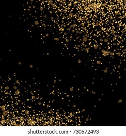 Abstract banner with gold particle dust. Bright shimmer particle mist background. Falling golden Dust. Modern glitter card template. Vector illustration
