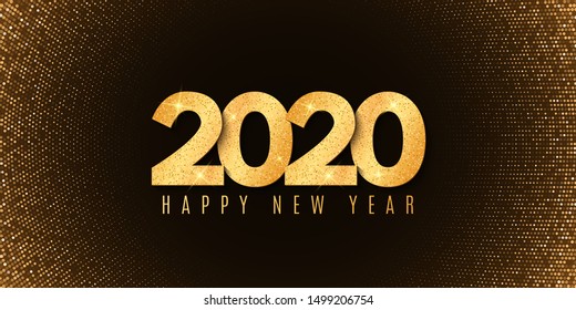 Abstract banner for Happy new year 2020. Fluid design. Halftone glowing pattern. Gold glitter numbers. Festive cover. Greeting card. Vector illustration. EPS 10