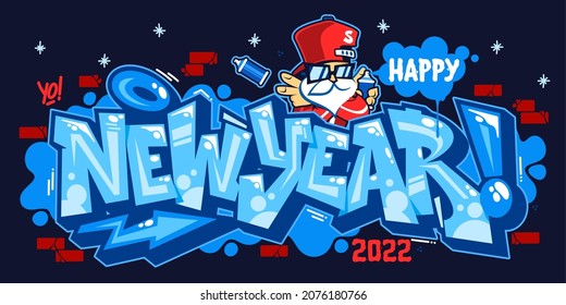 Abstract Banner Happy New Year 2022 With Santa Claus In Graffiti Style Font Lettering Vector Illustration Art
