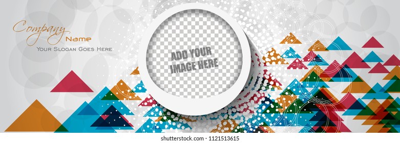 Abstract banner or header with color full triangle and image frame, vector background.