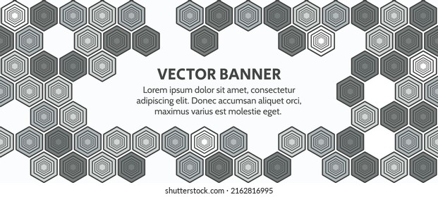 Abstract banner, header template with hexagons. Honeycomb pattern. Vector illustration.