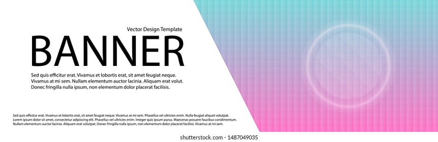 Abstract banner with holographic pattern background and iridescent circle button. Vector template.