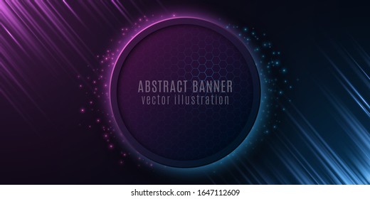 Pancarta abstracta con patrón de abeja y brillantes rayos. Diseño futurista. Efecto de luz azul y púrpura y partículas voladoras. Ilustración vectorial. EPS 10